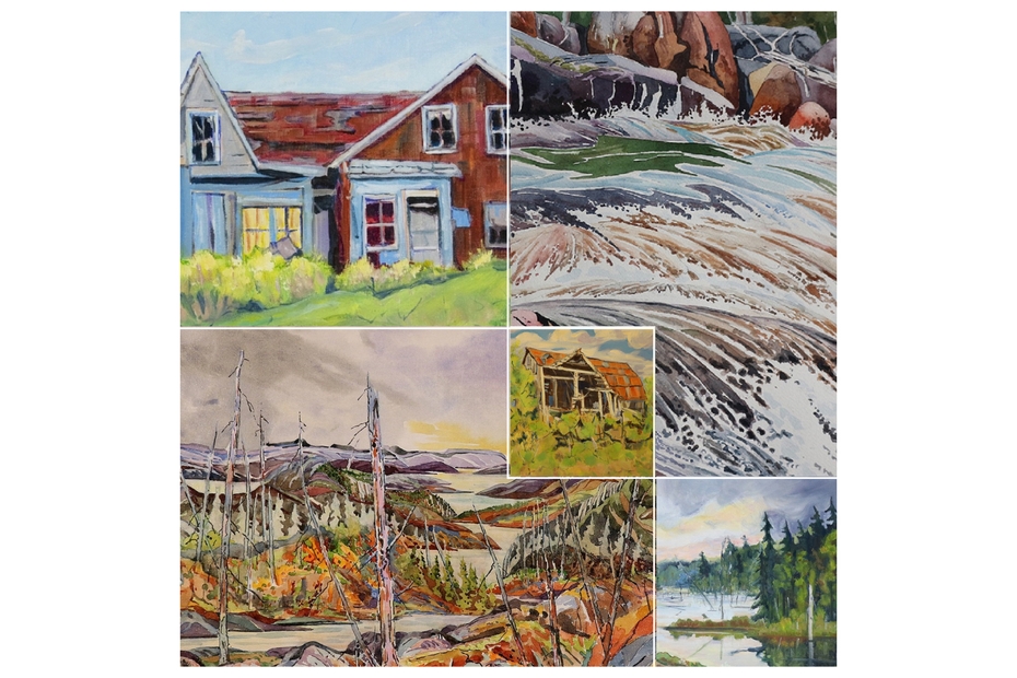 A series of five paintings by Alan and Audrey M. Bain are shown in a collage