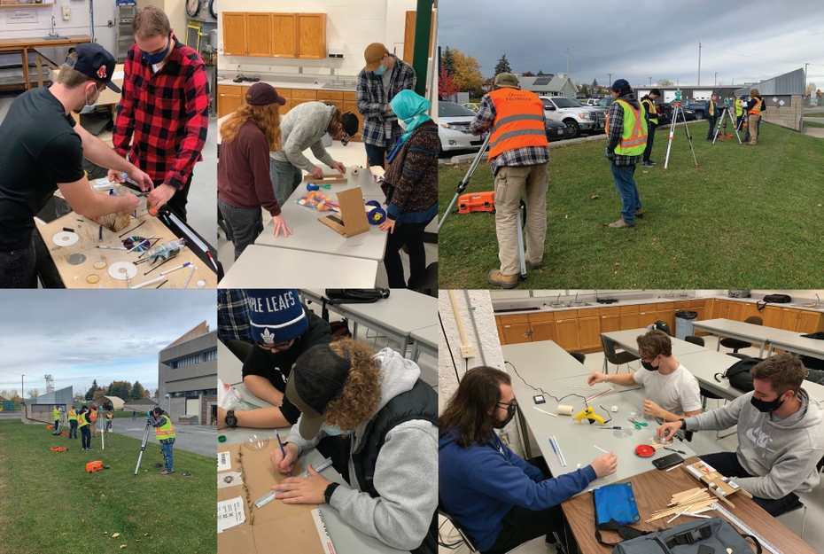 A collage of civil engineering students working in the lab and outside of campus