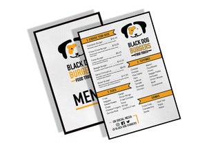 The front and back menu covers design for Black Dog Burgers