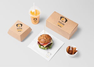The food containers set featuring the Black Dog Burgers logo 