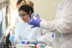 med lab students in class