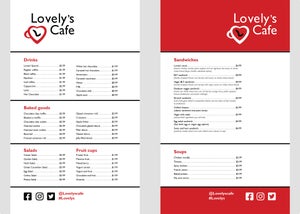 The front and back covers of the new Lovely's Cafe menu design