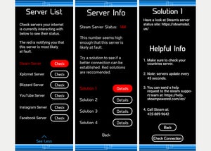 Server Information and Solution pages featured on the app