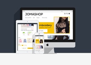 The JomaShop website featured at multiple breakpoints