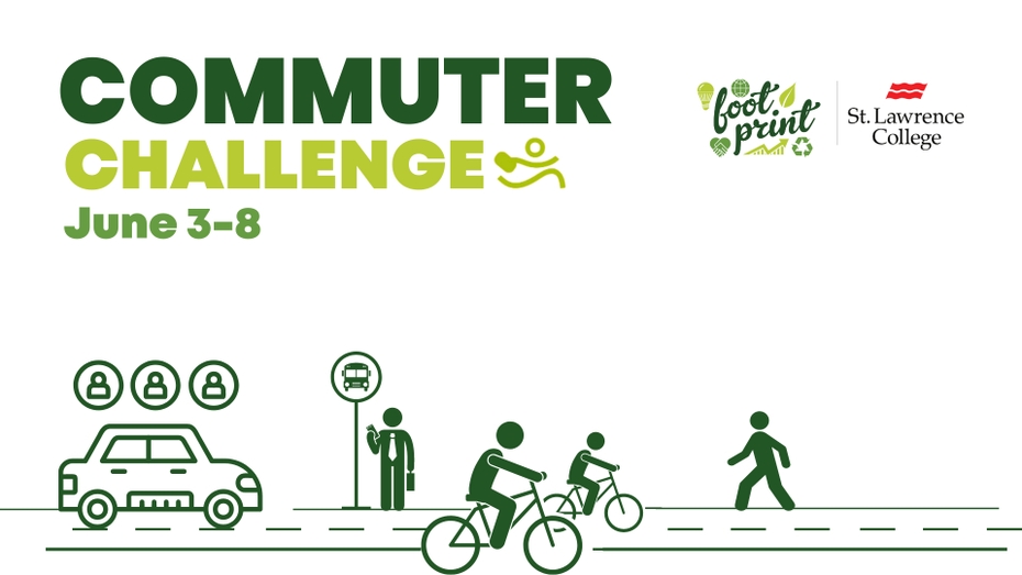 Green text on a white background reads "Commuter Challenge June 3-8." Featured below are basic illustrations of people carpooling, walking, biking, and waiting for the bus