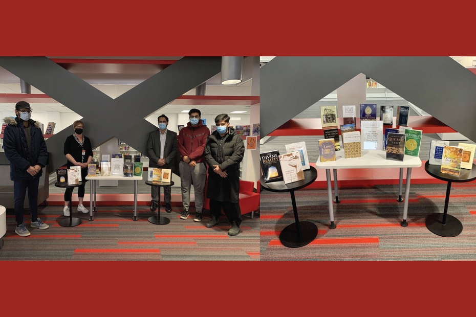 Cornwall campus library presented with the first part of book donation to create collection of books on Islamic civilization and culture. Pictured from left to right: Muneeb Damri, Ann Small, Dr. Aziz, Taha Shah, Osama Chaudhry