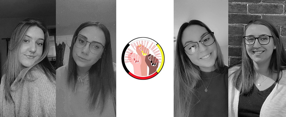 Students Lauren Bronkhorst, Mackenzie Cathcart, Julia Shepherd, Emma Chatterton are pictured. In the middle is their logo for Period Poverty logo, which is three raised fists in a circle.