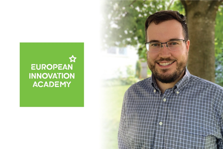 BBA student Chad Izatt is smiling outside. To the left is the European Innovation Academy logo.