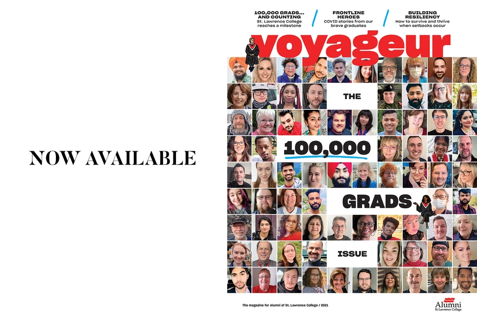 The cover of Voyageur's 100,000 Grads Issue is shown, alongside the words now available.