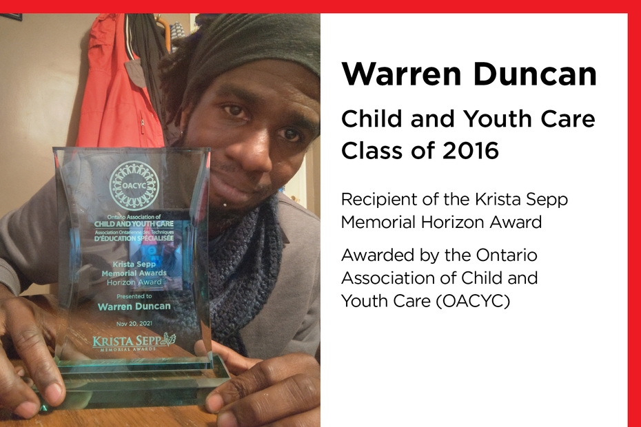 Warren Duncan holds his glass Krista Sepp Memorial Horizon Award up