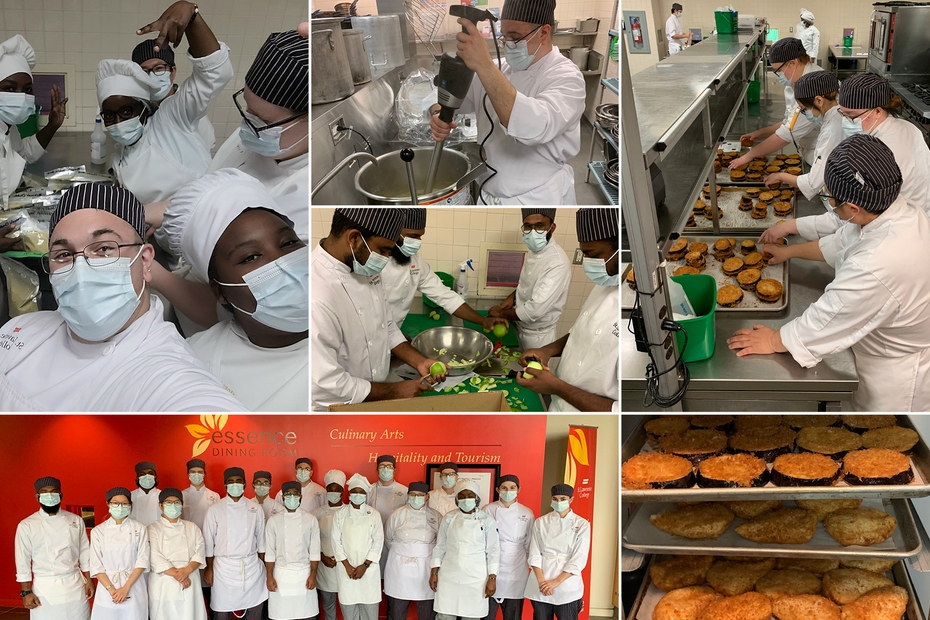 A collage of images of culinary students wearing masks work in the kitchen