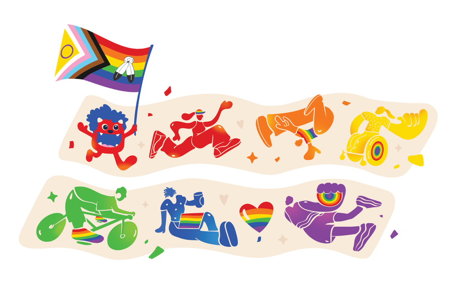 The Pride logo consist of 6 students in rainbow colours and a cartoon of Storm holding the Pride flag