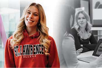 girl standing in slc gear and in background as a student